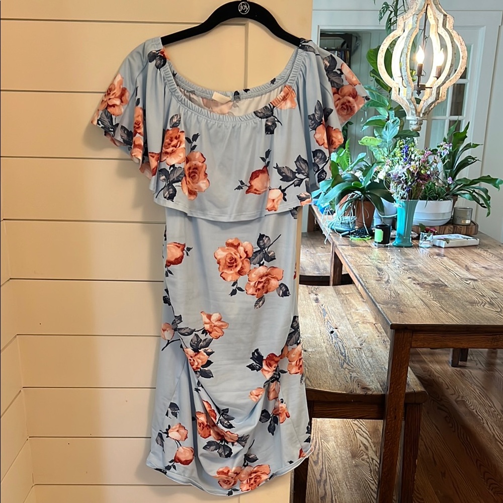 Pinkblush blue floral Sundress Off Shoulder or flutter sleeve Maternity size M